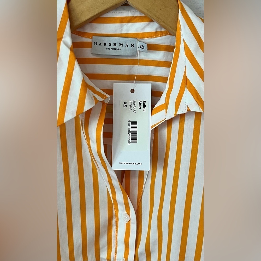 Harshman Selina Cotton Button Front Ruffle-Trim Top Women’s XS Striped Marigold - Picture 8 of 13
